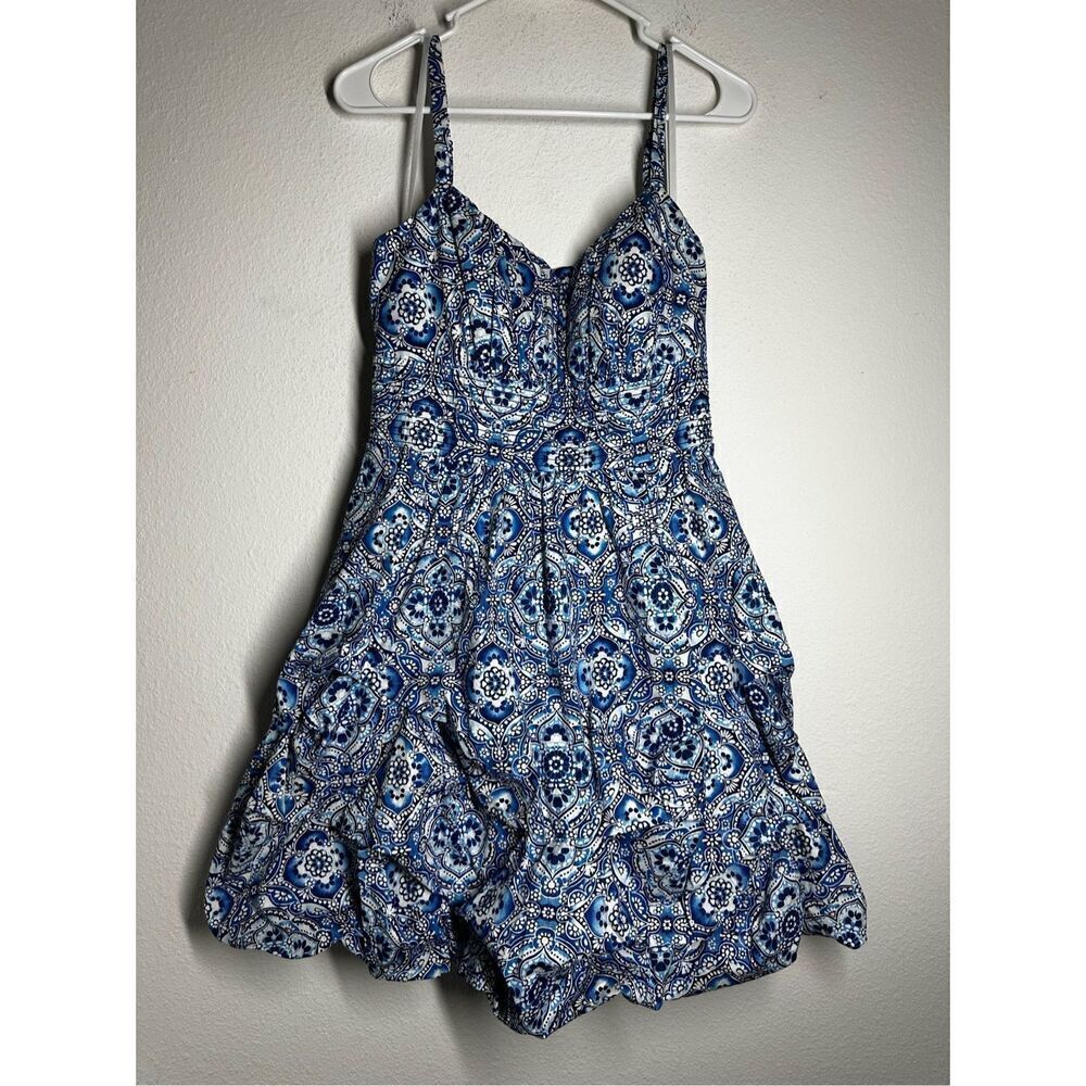 Dressbarn Ruffled Balloon Dress Blue Paisley Spaghetti Straps Lined Size 14